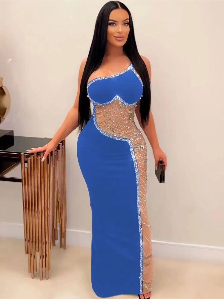 2023 Women Dresses One Shoulder Sleeveless Mesh Patchwork Diamonds Maxi Long Club Evening Sexy Party Vestidos Robe Femme